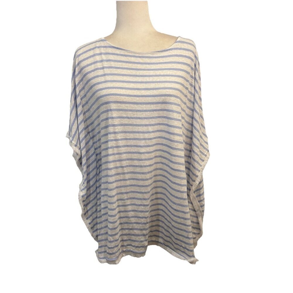 J.Jill 100% Linen White Blue Striped Poncho Top With fringe boho Lagenlook XS P